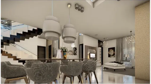 Open living and dining interior rendering for Punta Cana villa
