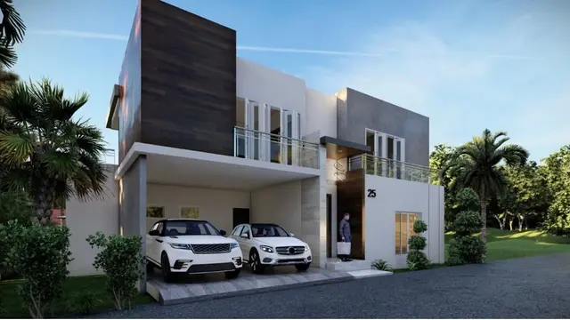 Front elevation rendering of modern Punta Cana villa with balcony
